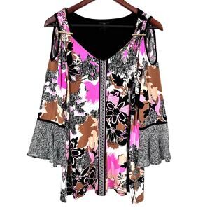 JM Collection Large Pink Long Sleeve Cold Shoulder Stretchy Blouse Shirt Top